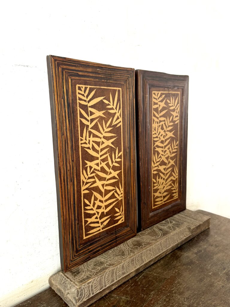 Boho style decor wall panel set of two featuring leaf pattern wood made - Image 2