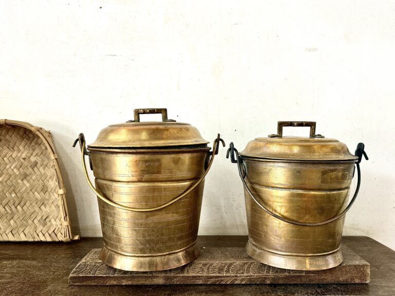 Antique golden brass Vari Bucket Thooku Raja Rani set of two versatile storage canisters