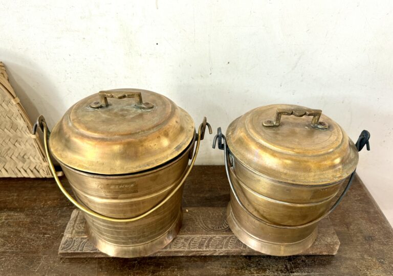 Antique golden brass Vari Bucket Thooku Raja Rani set of two versatile storage canisters - Image 5