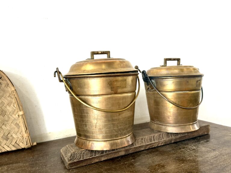 Antique golden brass Vari Bucket Thooku Raja Rani set of two versatile storage canisters - Image 2