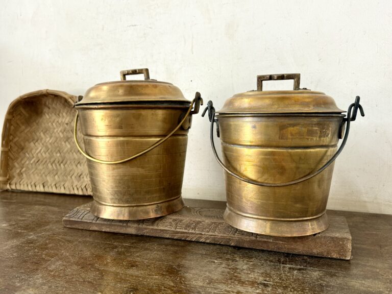 Antique golden brass Vari Bucket Thooku Raja Rani set of two versatile storage canisters - Image 3