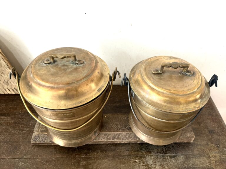 Antique golden brass Vari Bucket Thooku Raja Rani set of two versatile storage canisters - Image 4