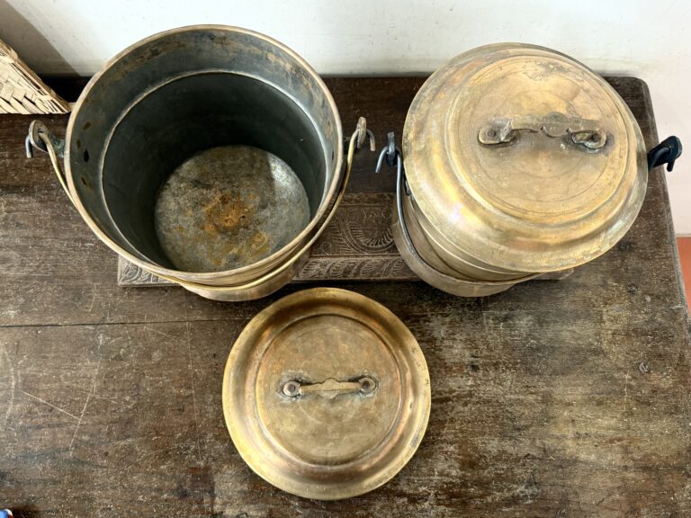 Antique golden brass Vari Bucket Thooku Raja Rani set of two versatile storage canisters - Image 9