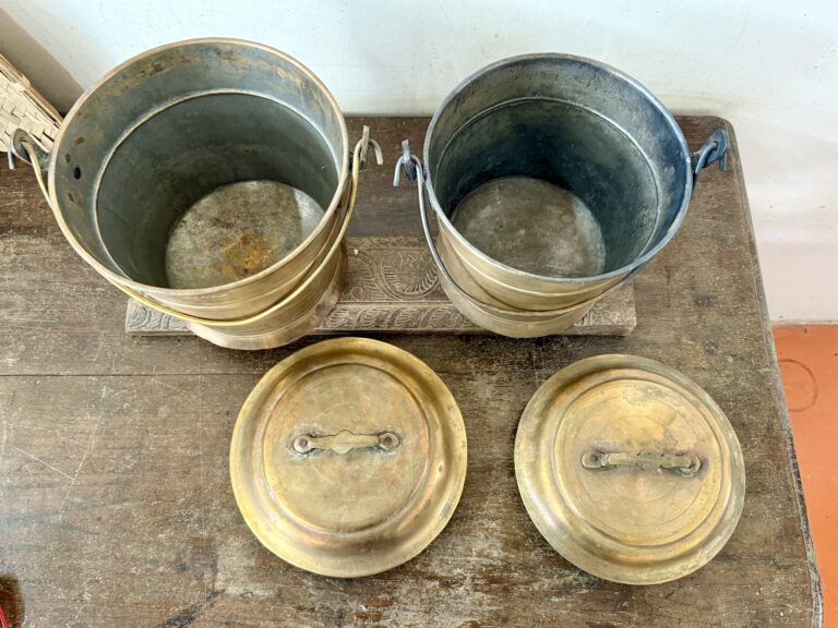 Antique golden brass Vari Bucket Thooku Raja Rani set of two versatile storage canisters - Image 10