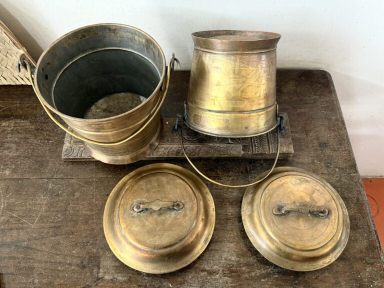 Antique golden brass Vari Bucket Thooku Raja Rani set of two versatile storage canisters - Image 6