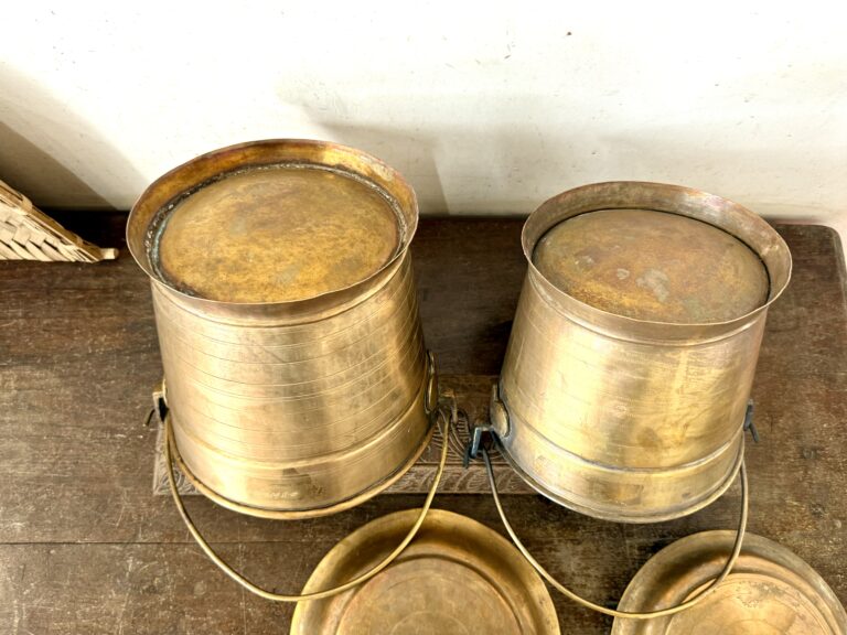 Antique golden brass Vari Bucket Thooku Raja Rani set of two versatile storage canisters - Image 8
