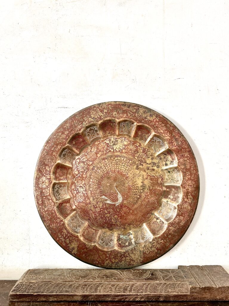 Classic brass peacock art wall plate large size fully embossed etching with multi colour enamel work