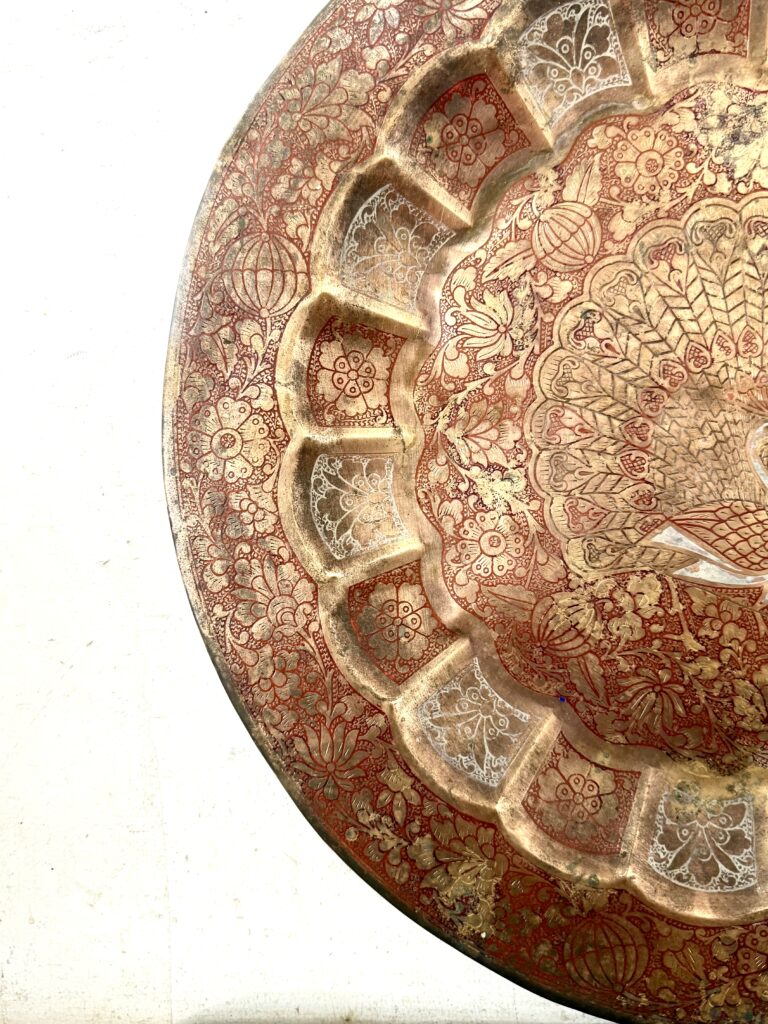 Classic brass peacock art wall plate large size fully embossed etching with multi colour enamel work - Image 3