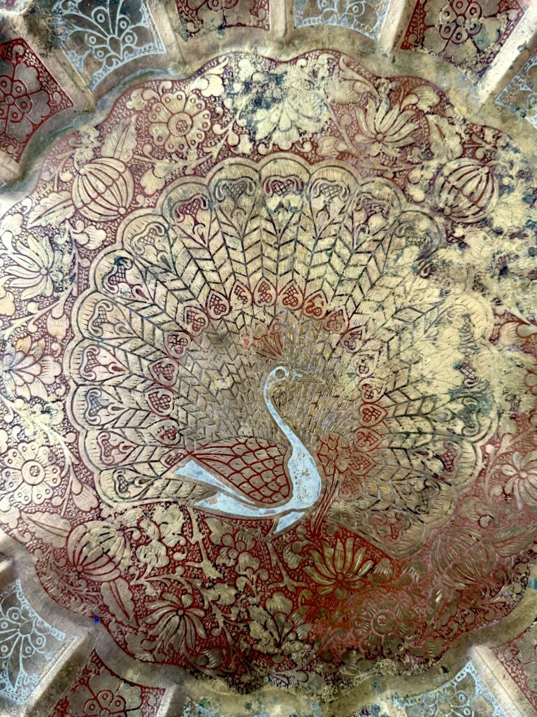 Classic brass peacock art wall plate large size fully embossed etching with multi colour enamel work - Image 5