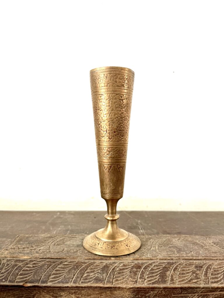 Unique and rare Tulip English bud vase with etched fine detailing pattern golden bronze