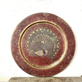 Classic brass peacock art wall plate large size fully embossed red etching with multi colour enamel