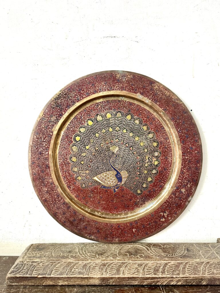 Classic brass peacock art wall plate large size fully embossed red etching with multi colour enamel