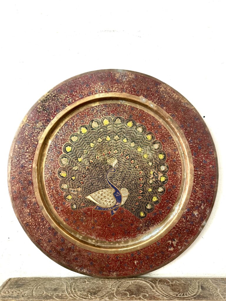 Classic brass peacock art wall plate large size fully embossed red etching with multi colour enamel - Image 2
