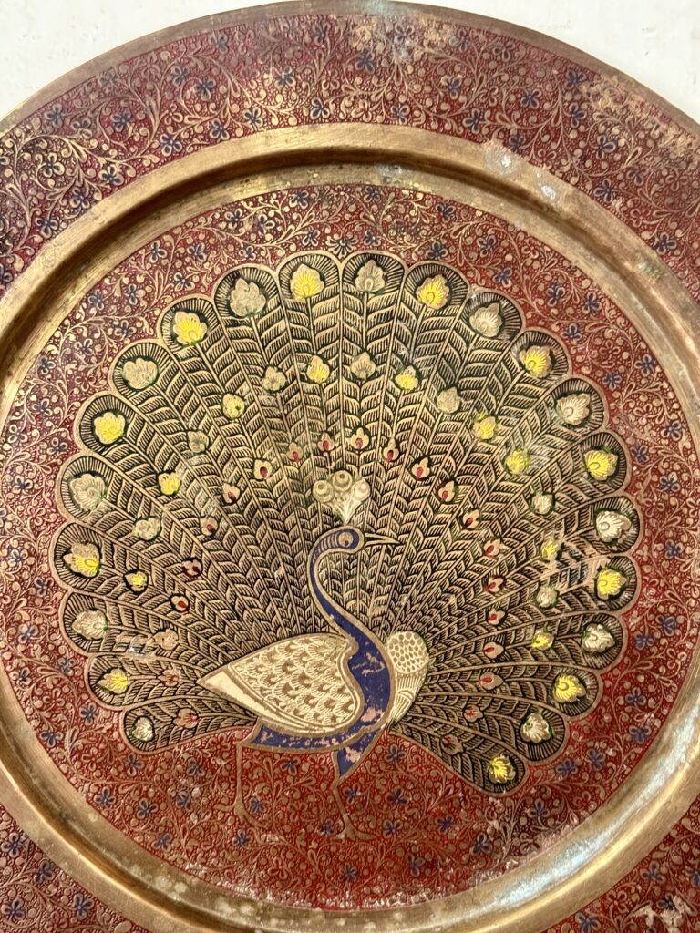 Classic brass peacock art wall plate large size fully embossed red etching with multi colour enamel - Image 3
