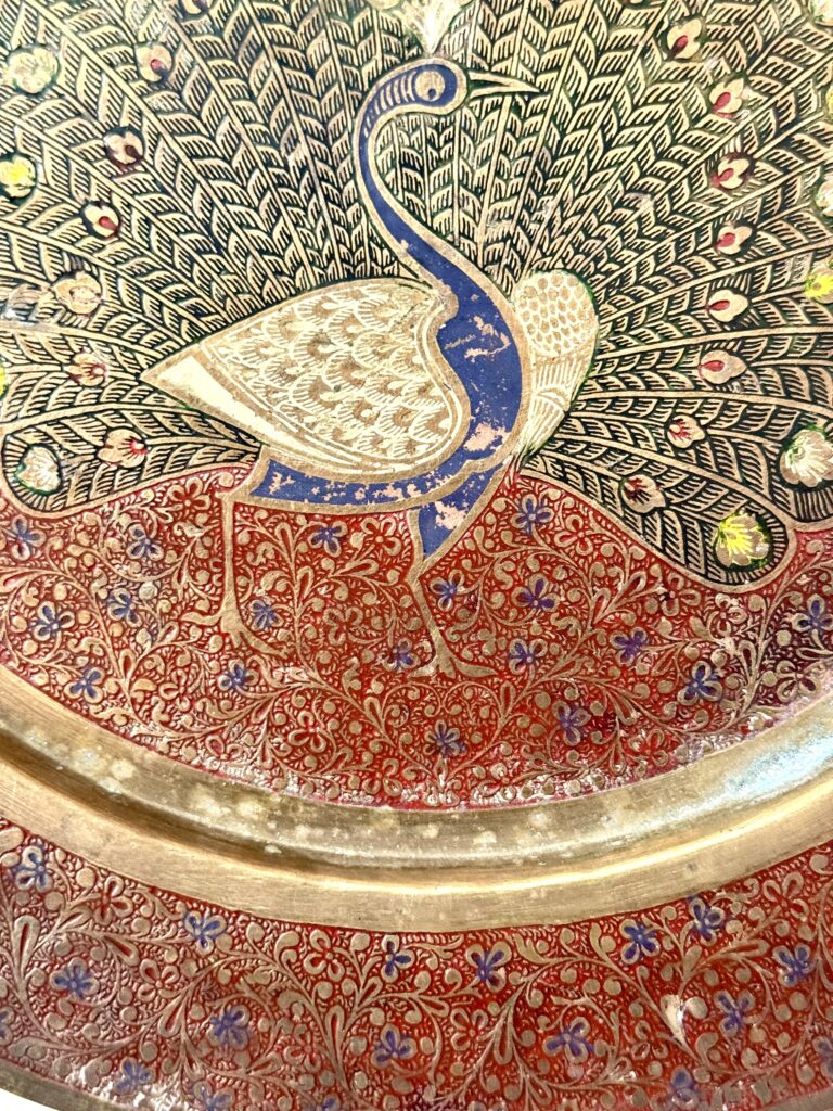 Classic brass peacock art wall plate large size fully embossed red etching with multi colour enamel - Image 5