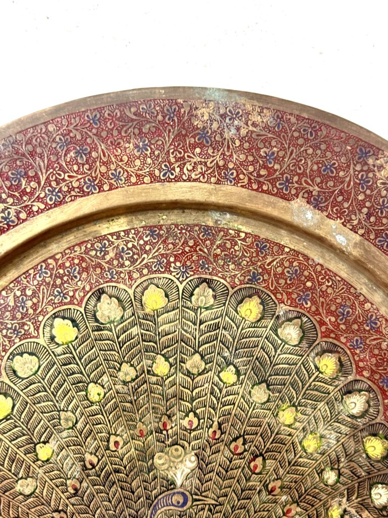 Classic brass peacock art wall plate large size fully embossed red etching with multi colour enamel - Image 7