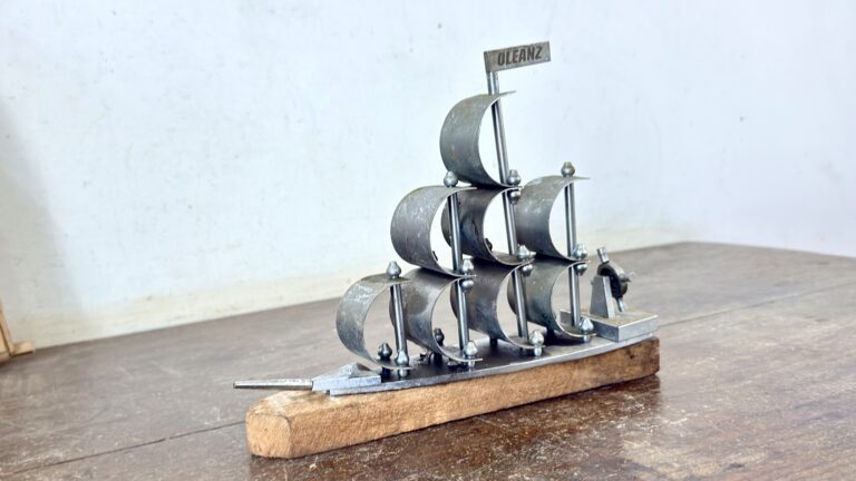 Classic brass sails ship with nickel coat and wood base rest - Image 3
