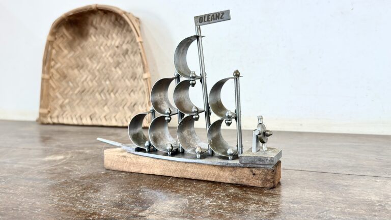 Classic brass sails ship with nickel coat and wood base rest - Image 4