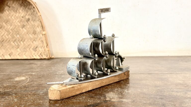 Classic brass sails ship with nickel coat and wood base rest - Image 2